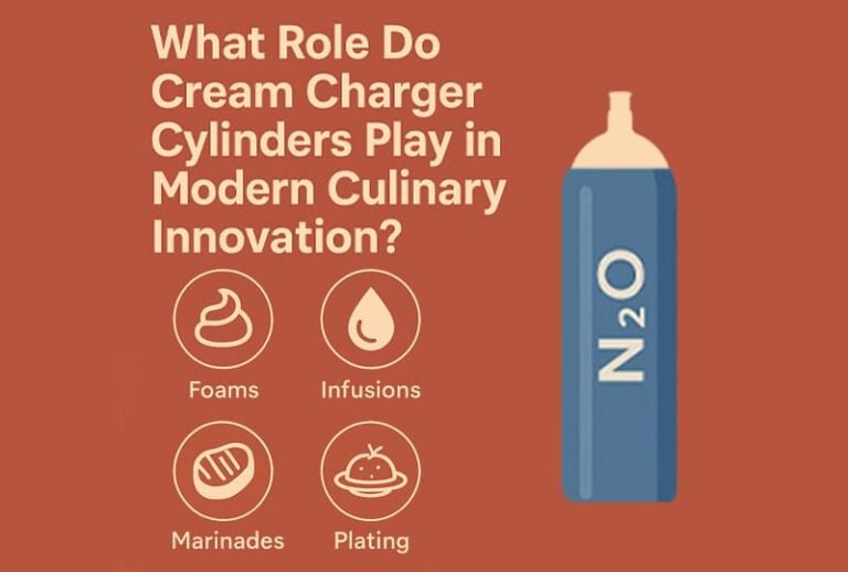 An infographic visualizing how cream charger cylinders are used in modern cooking—from foams to infusions, showing chefs and dishes in a creative kitchen setting.