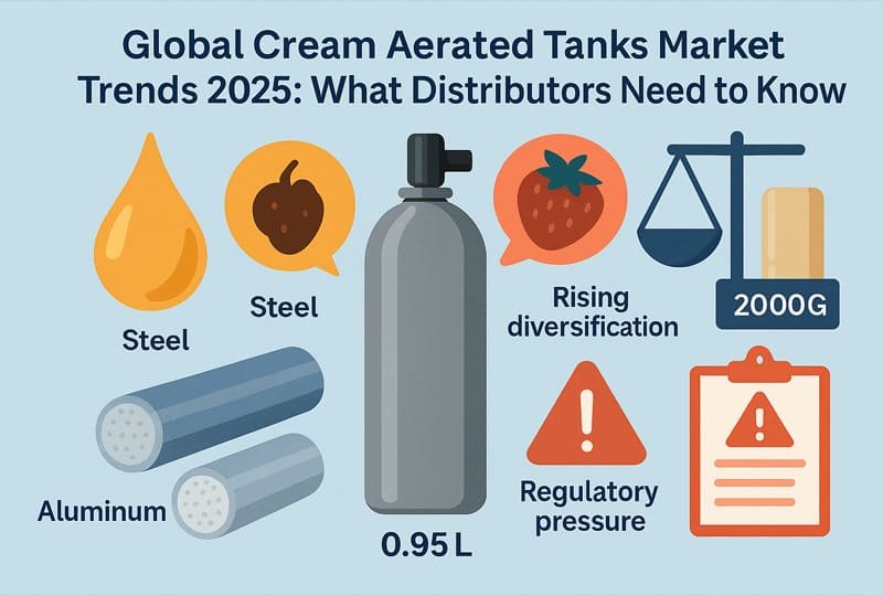 Infographic showing 2025 global trends in cream aerated tank distribution, including growth regions, packaging innovations, flavor demand, and regulatory shifts—illustrated with charts and global icons.